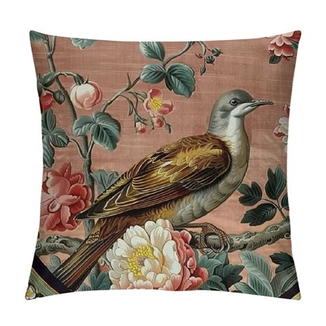 Onetech Blush Pink Chinoiserie Flower Bird Lumbar Throw Pillow Cover