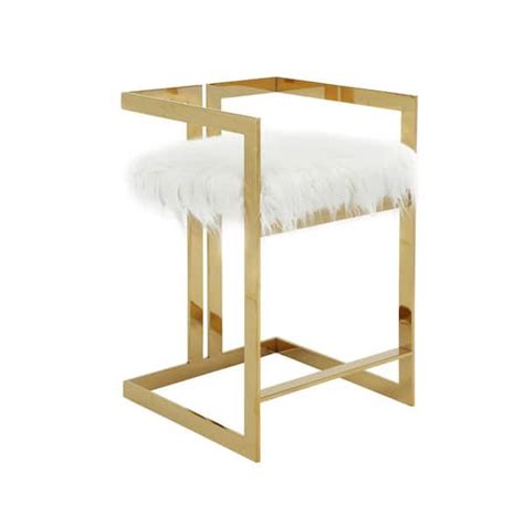 Benjara In White And Gold Low Back Metal Frame Bar Stool With