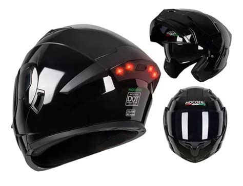 Casco Moto Abatible Con Luz Led Negro Brillante Mocoerl Env O Gratis