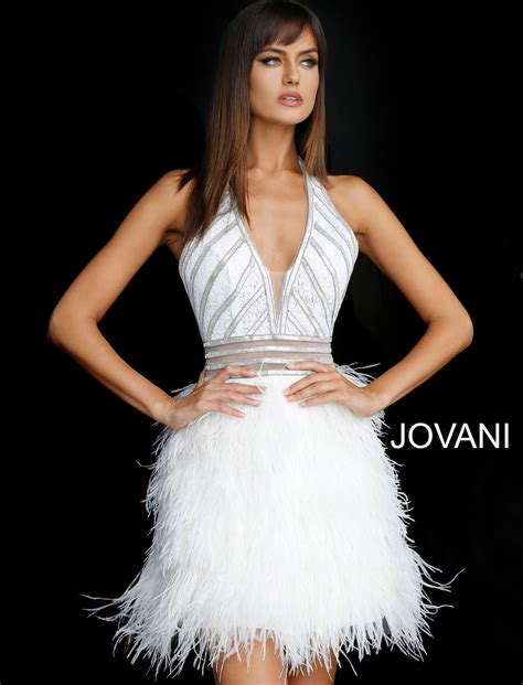 Jovani 62303 Off White Silver Halter Feather Short Dr Cocktail