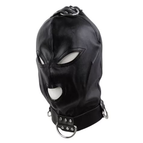 Adult Full Face Sexy Black Leathers Head Bondage Hood Men Cosplays