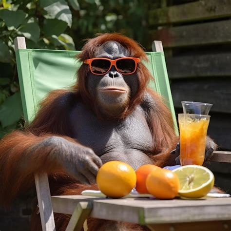 Premium AI Image | Orangutan in sunglasses with a glass of juice sits ...