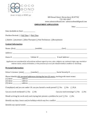 Fillable Online Salon CoCo Bond Employment Application Fax Email Print