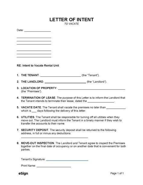 Letter Of Intent To Vacate Intent To Vacate Letter Word Template