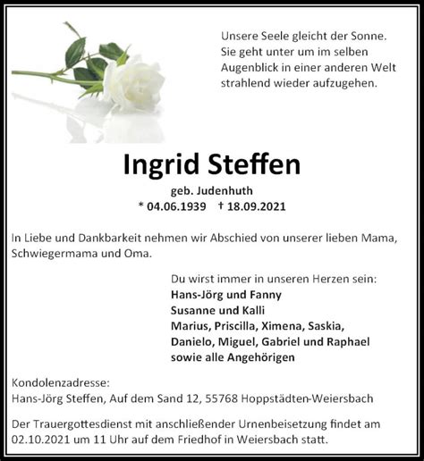 Traueranzeigen Von Ingrid Steffen Rz Trauer De