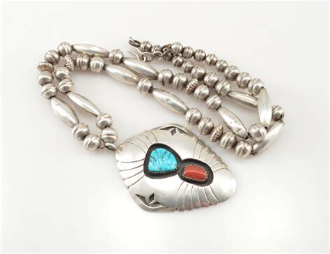 304g Solid Silver Native American Artist Signed John White Turquoise And Coral Pendant 19