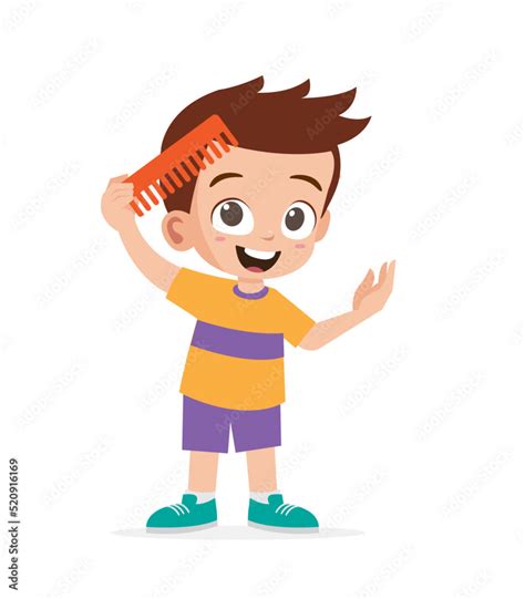 Cute Little Boy Brushing His Hair With A Hair Comb Vector Illustration