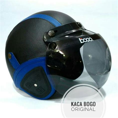 Jual Helm Bogo Retro Kulit Warna Hitam Garis Biru Klasik Sudah Sni Hbcl