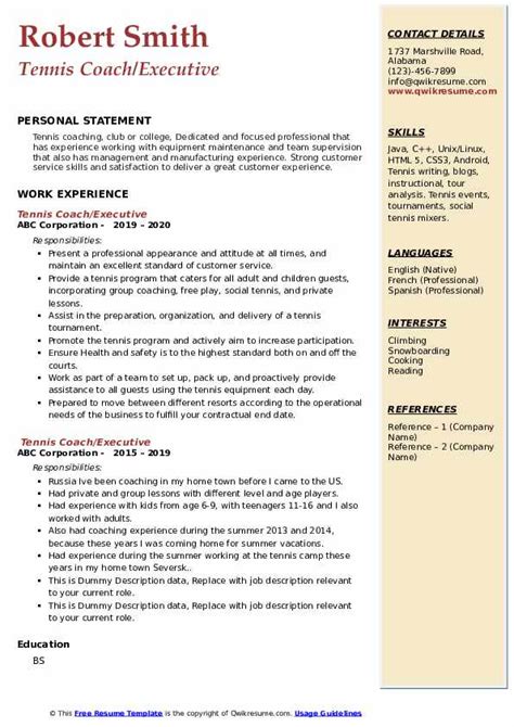 Tennis Coach Resume Samples Qwikresume