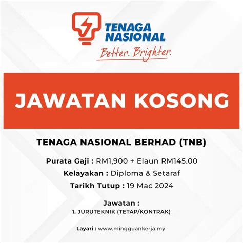 Jawatan Kosong Tenaga Nasional Berhad TNB Gaji RM1 900 Elaun