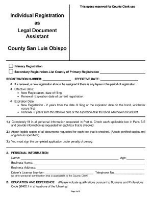 Fillable Online Slocounty Ca Application For Legal Document Assistant