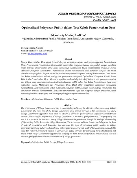 Pdf Optimalisasi Pelayanan Publik Dalam Tata Kelola Pemerintahan Desa