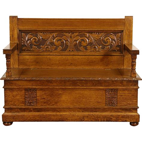 Carved Oak 1890s Antique Hall Bench Lift Seat Storage From