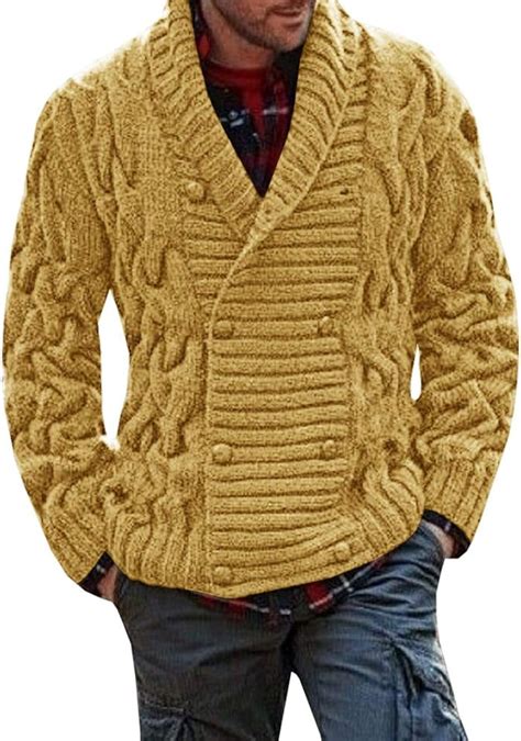 Mens Cardigan Sweaters Thick Shawl Collar Double Breasted Cable Knitted Chunky Button Cardigans