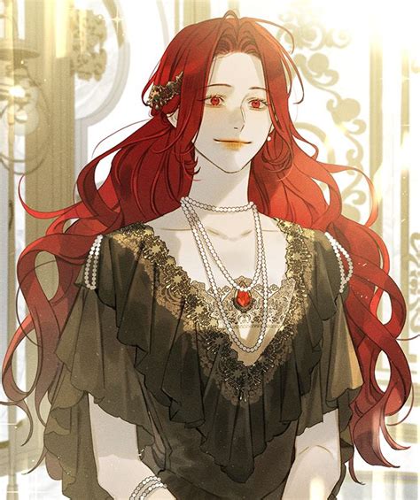 A Woman With Long Red Hair Wearing A Black Dress And Pearls On Her