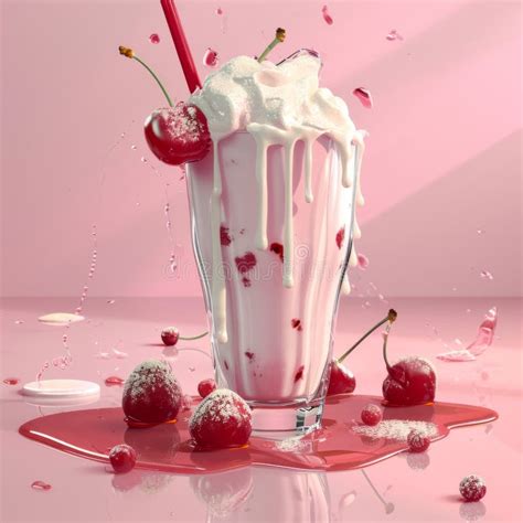 Cherry Milkshake In Elegant Glass Decorated With Whipped Cream And