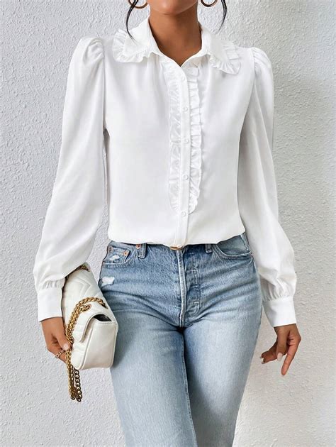 Shein Priv White Frill Trim Puff Sleeve Women Shirts Long Sleeve Tops