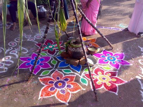 Pongal Sugarcane And Kolam Sugarcane Pots With Rice Are Pla Flickr