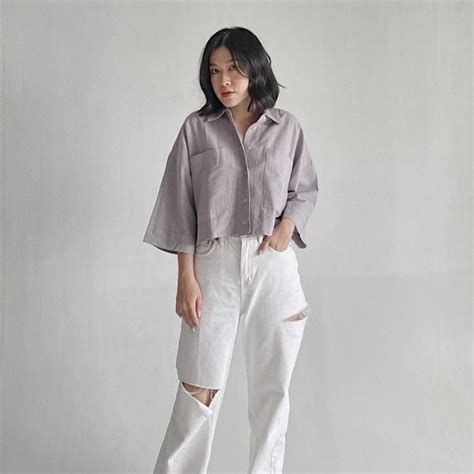 Jual Sivali Kemeja Crop Linen Pocket Oversized Shirt Linen Outer