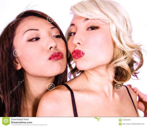 A Asian Brunet In Black Lingerie And Blond Wearing Pink And Black