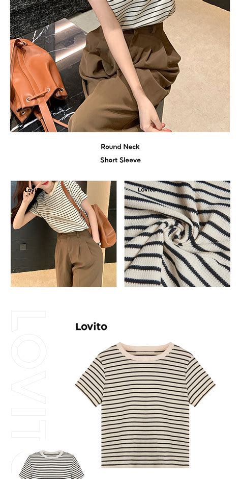 Lovito Casual Striped Round Neck Short Sleeves T Shirt For Women