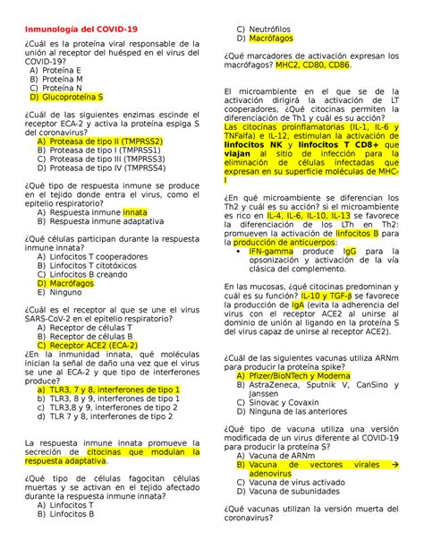 Cuestionario Inmuno Inmunología del COVID Cuál es la proteína viral