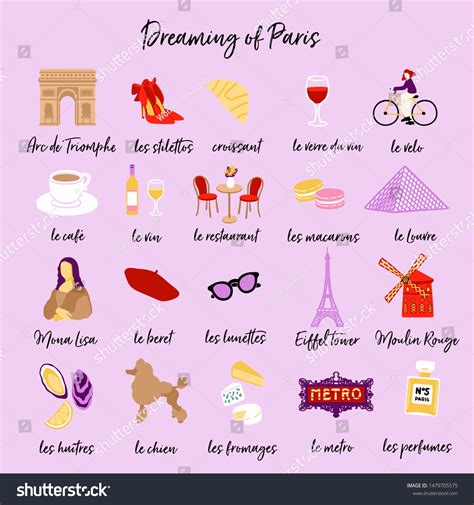 Dreaming Paris Symbols Set French Language Stock Vector Royalty Free