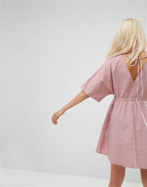 Asos V Front V Back Smock Dress With Ruched Tie Detail Pink Smock