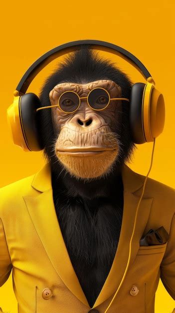 Premium Photo Chimpanzee In A Yellow Suit Wearing Headphones