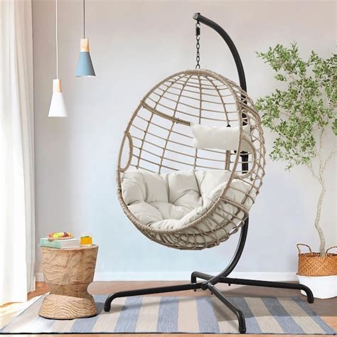 PEAK HOME FURNISHINGS Egg Chair Wicker Black Metal Frame Hanging Egg Chair with Off-white Olefin ...