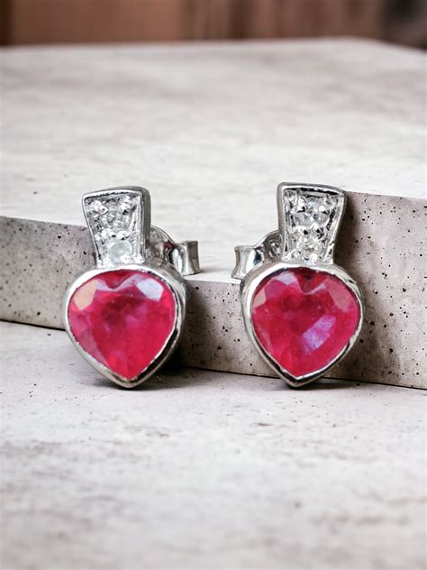 Natural Ruby Heart Gemstone Studs With Natural Diamond Accents 925