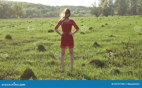 Girl Wind Nature Girl Is Standing In The Field Of Grass Green