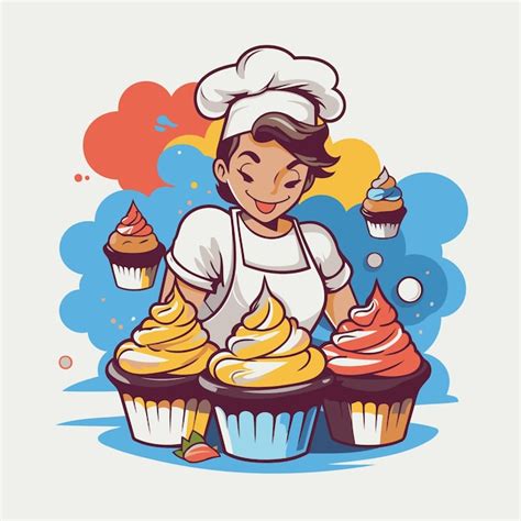 Illustration Of A Cartoon Chef With Cupcakes Vector Illustration