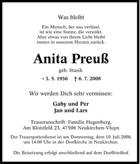 Traueranzeigen Von Anita Preu Trauer In Nrw De