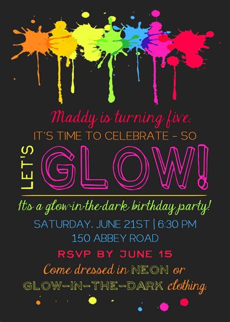 Printable Glow In The Dark Theme Party Invitation