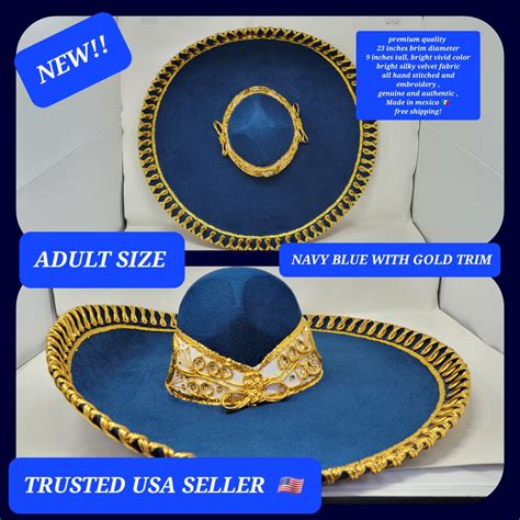 Navy Blue With Gold Trim Adults Sombrero Charro Mariachi Hat For