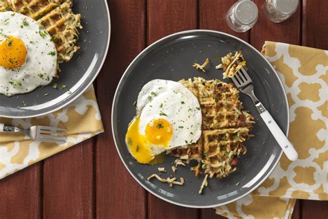 Ham And Cheese Hash Brown Waffles With Fried Eggs