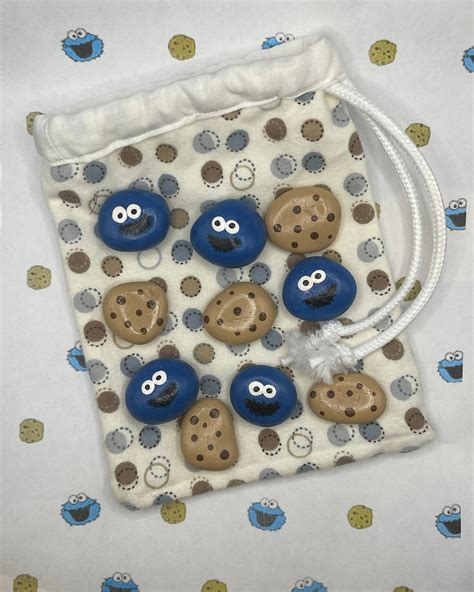 Cookie Monster Painted Rock Tic Tac Toe Set Lined Drawstring Bag