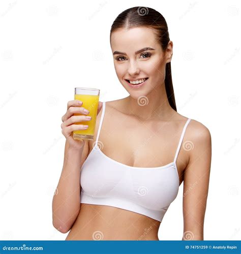 Attractivesmiling Woman Holding Glass Of Orange Juice Isolated On White