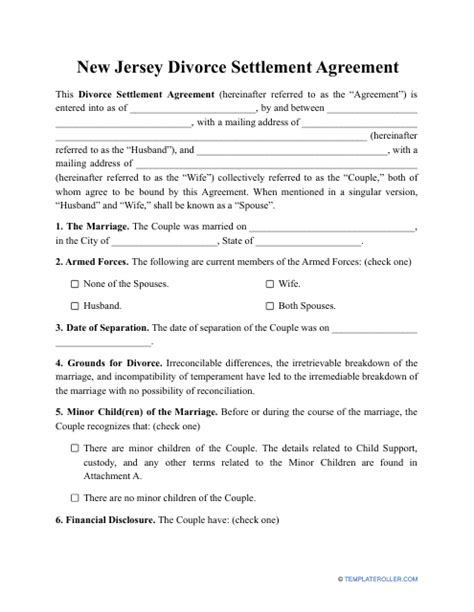 New Jersey Divorce Settlement Agreement Template Fill Out Sign