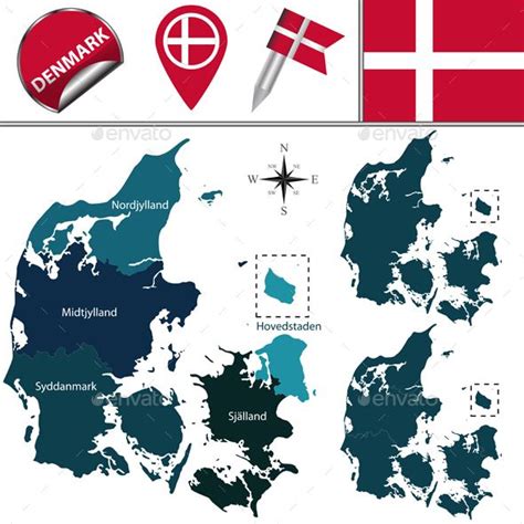 Denmark Map With Flag And Location Markers