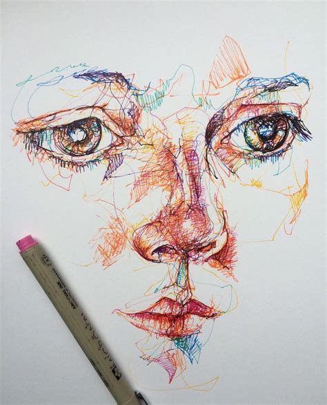 Coloured Pen Fine Liner Portrait Face Drawing Sketch Line Layers Face