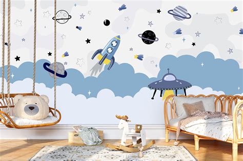 Cartoon Space and Planets Nursery Wall Mural Galaxy Wallpaper Peel and ...