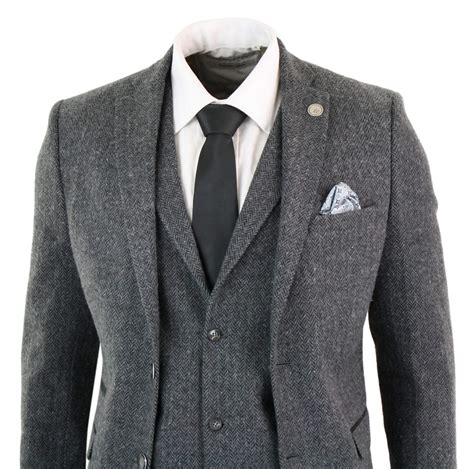 Men S Charcoal Grey Piece Tweed Herringbone Suit Stz Buy Online