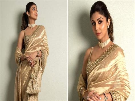 Shilpa Shetty Is Looking So Gorgeous In Golden Saree And Blouse See Her