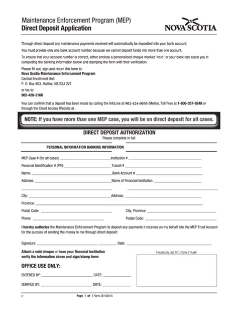 Form 20150915 Direct Deposit Application Government Of Nova Scotia