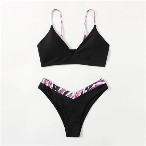 Leaf Print High Cut Bikini Swimsuit V Neck High Cut Beach Bikinis Set