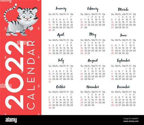 Calendario Para Estados Unidos Con Ilustraci N De Tigre S Mbolo