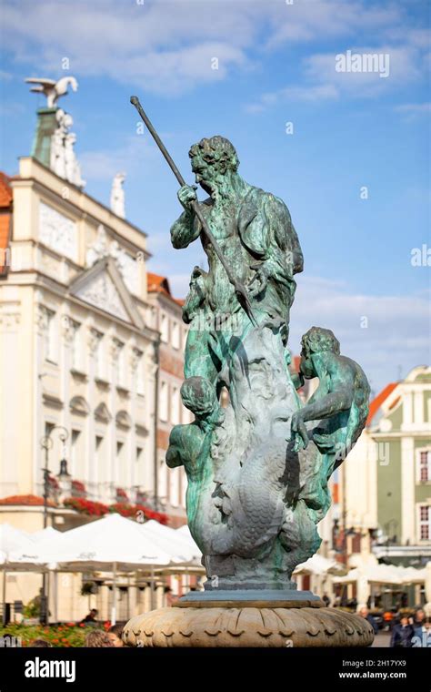 Mythological Figures On Fountains Old Market Square In Poznan And Its