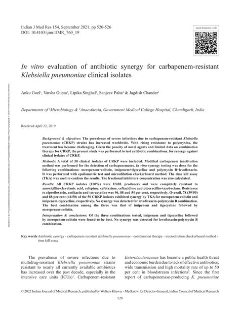 Pdf In Vitro Evaluation Of Antibiotic Synergy For Carbapenem